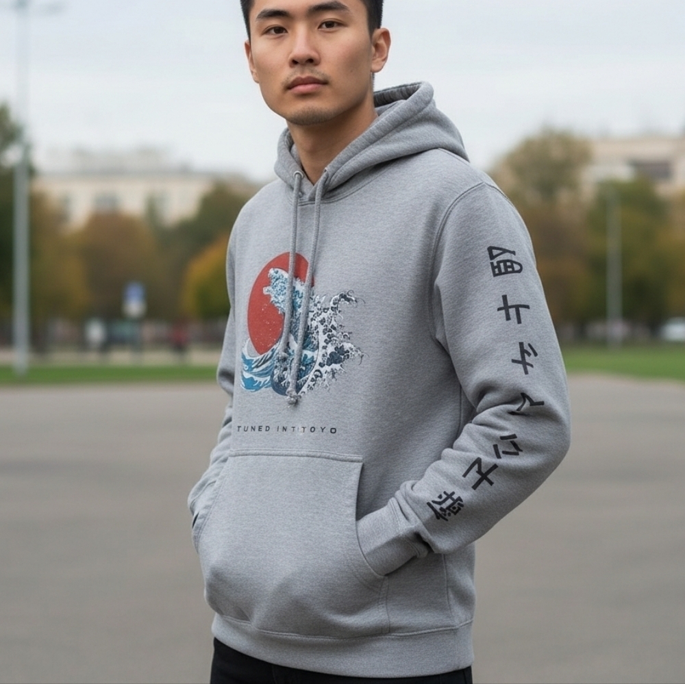 Sz S MENS Lane Seven "Tuned In Tokyo" Grey Hoodie Cotton Blend